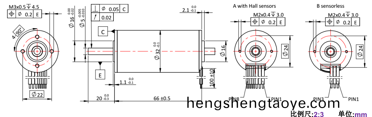 ECS-4P 3266 2對極空心桮無刷電機-萬至達電機